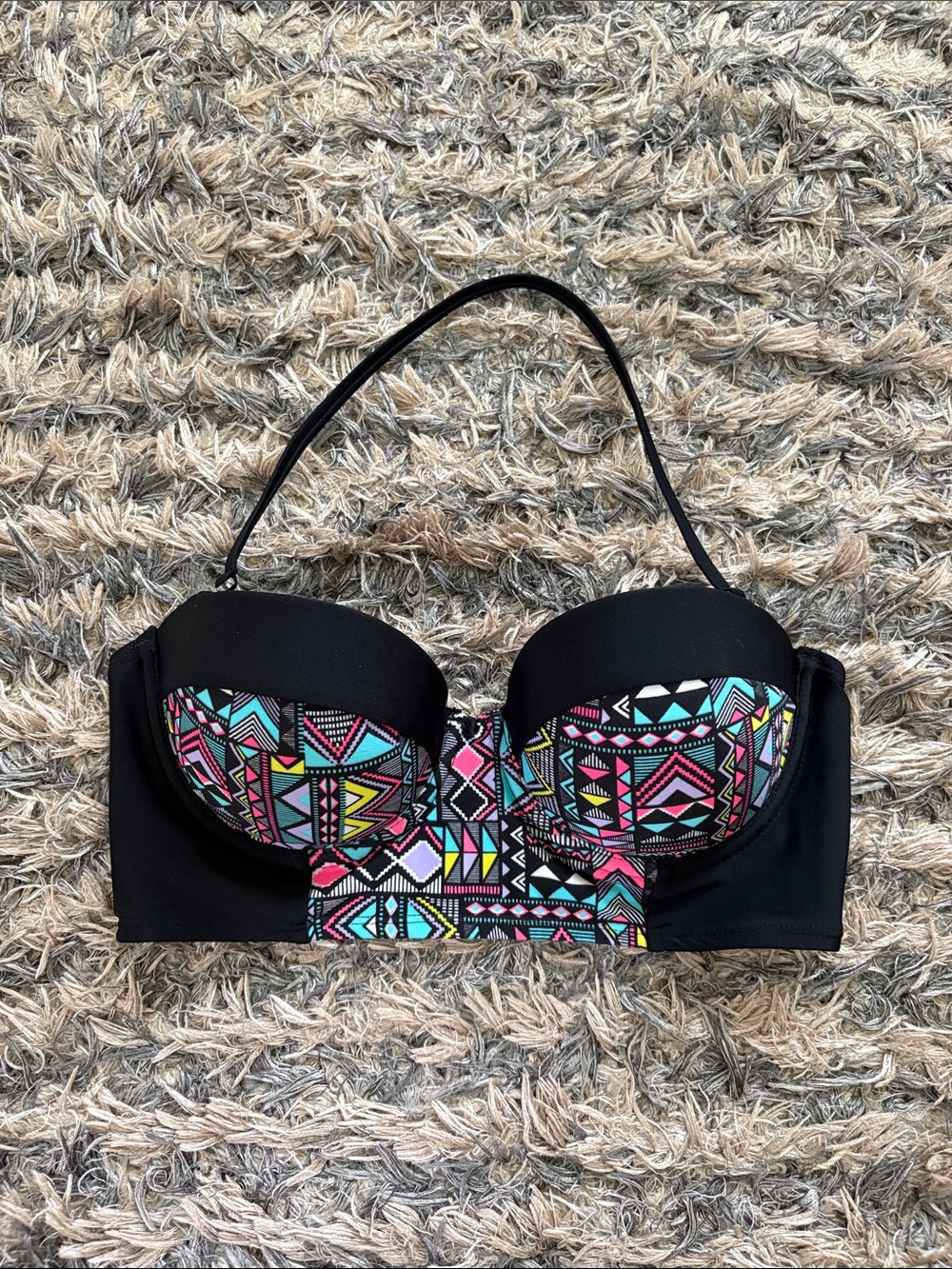 Black Bikini Top with Bright Aztec Print & Push-up Support